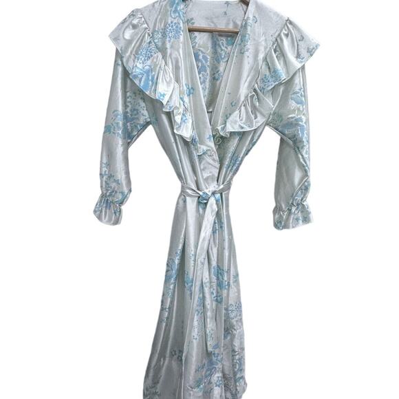 VINTAGE floral cream blue robe peignoir women's size medium 12 14 - Picture 2 of 9